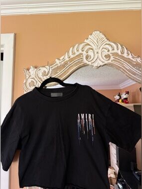 AMIRI Black Short Sleeve Tee with Multicolor Drip Logo